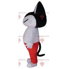 Mascotte de chat noir et blanc en tenue blanche et rouge -