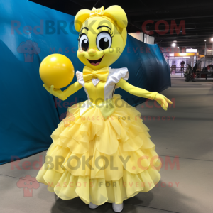 Lemon Yellow Mermaid mascot costume character dressed with a Ball Gown and Bow ties