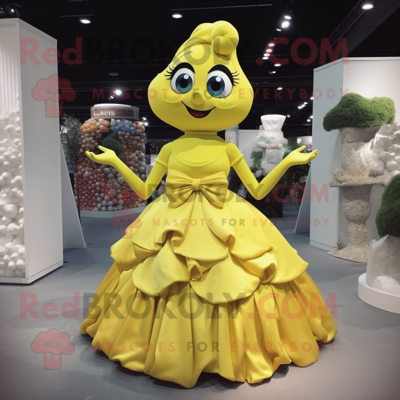 Lemon Yellow Mermaid mascot costume character dressed with a Ball Gown and Bow ties Lemon Yellow Mermaid mascot costume character dressed with a Ball Gown and Bow ties