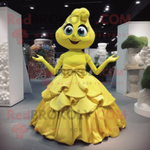 Lemon Yellow Mermaid mascot costume character dressed with a Ball Gown and Bow ties