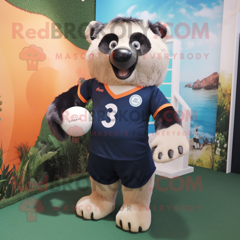 Peach Sloth Bear mascot costume character dressed with a Rugby Shirt and Anklets