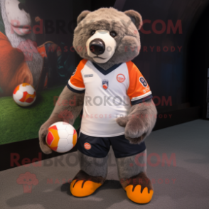 Peach Sloth Bear mascot costume character dressed with a Rugby Shirt and Anklets