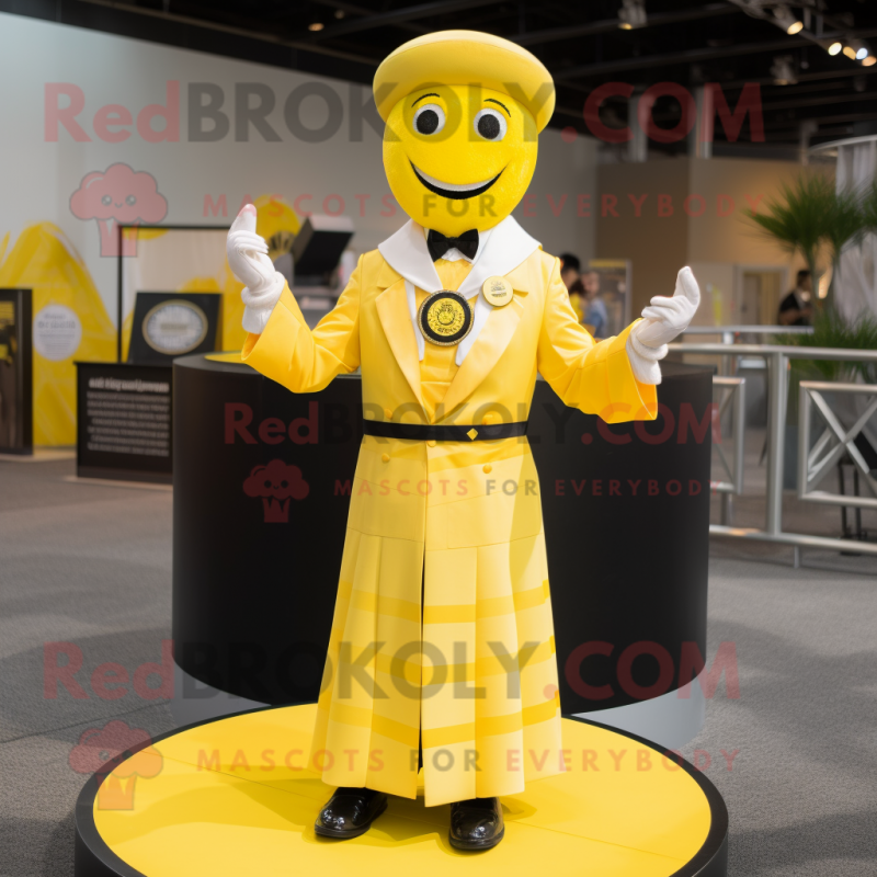 Lemon Yellow Ring Master mascot costume character dressed with a Suit Jacket and Bracelets