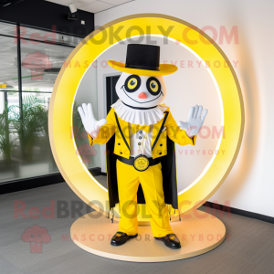 Lemon Yellow Ring Master mascot costume character dressed with a Suit Jacket and Bracelets