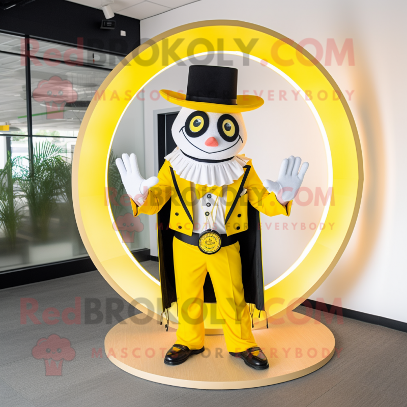 Lemon Yellow Ring Master mascot costume character dressed with a Suit Jacket and Bracelets Lemon Yellow Ring Master mascot costume character dressed with a Suit Jacket and Bracelets
