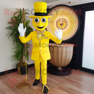 Lemon Yellow Ring Master mascot costume character dressed with a Suit Jacket and Bracelets
