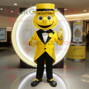Lemon Yellow Ring Master mascot costume character dressed with a Suit Jacket and Bracelets