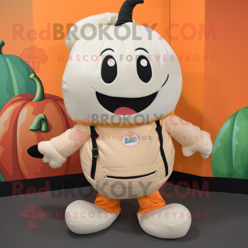 Cream Pumpkin mascot costume character dressed with a Turtleneck and Backpacks Cream Pumpkin mascot costume character dressed with a Turtleneck and Backpacks