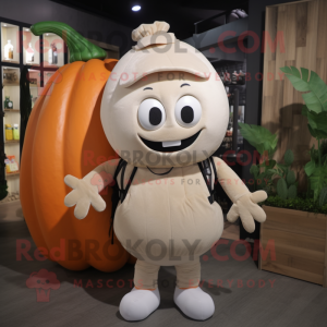 Cream Pumpkin mascot costume character dressed with a Turtleneck and Backpacks