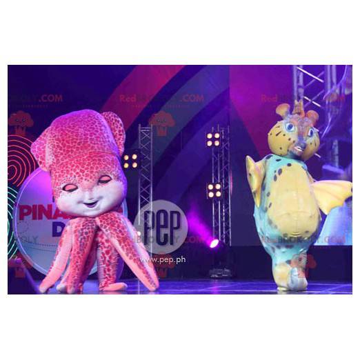 2 fish mascots one blue and yellow and a pink octopus -