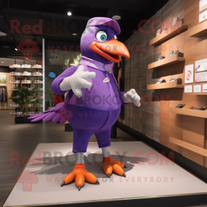 Purple Pigeon mascot costume character dressed with a Jeggings and Shoe clips