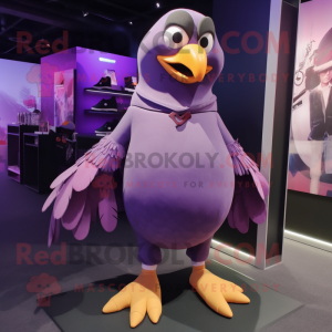 Purple Pigeon mascot costume character dressed with a Jeggings and Shoe clips
