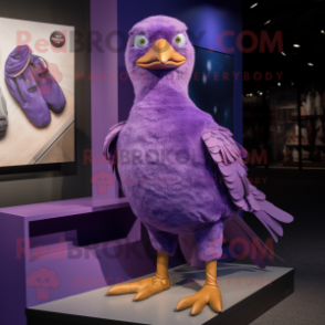 Purple Pigeon mascot costume character dressed with a Jeggings and Shoe clips