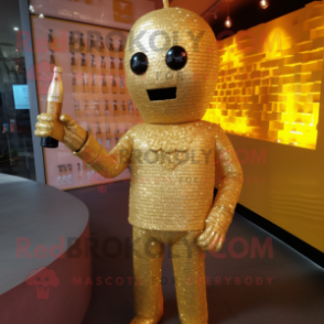 Gold Champagne mascot costume character dressed with a Sweater and Hairpins