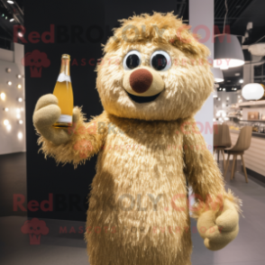 Gold Champagne mascot costume character dressed with a Sweater and Hairpins
