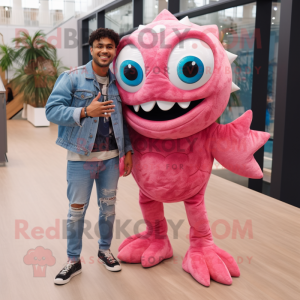 Pink Piranha mascot costume character dressed with a Boyfriend Jeans and Ties