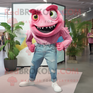 Pink Piranha mascot costume character dressed with a Boyfriend Jeans and Ties