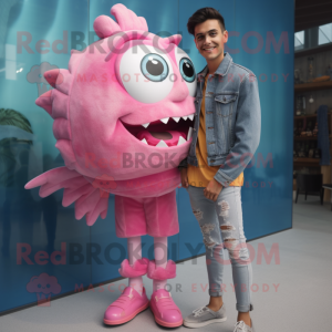Pink Piranha mascot costume character dressed with a Boyfriend Jeans and Ties