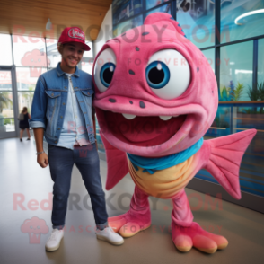 Pink Piranha mascot costume character dressed with a Boyfriend Jeans and Ties