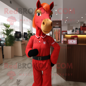 Red Mare mascot costume character dressed with a Polo Tee and Belts