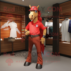 Red Mare mascot costume character dressed with a Polo Tee and Belts