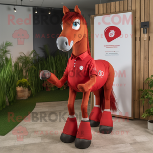 Red Mare mascot costume character dressed with a Polo Tee and Belts