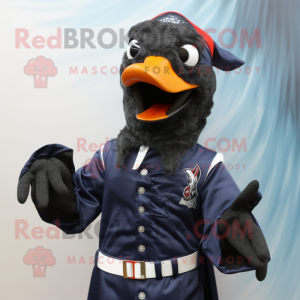 Navy Woodpecker mascot costume character dressed with a Rash Guard and Scarf clips