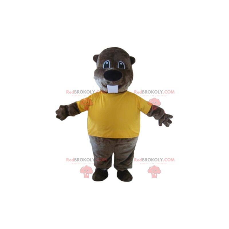 Braunes Bibermaskottchen mit gelbem T-Shirt - Redbrokoly.com