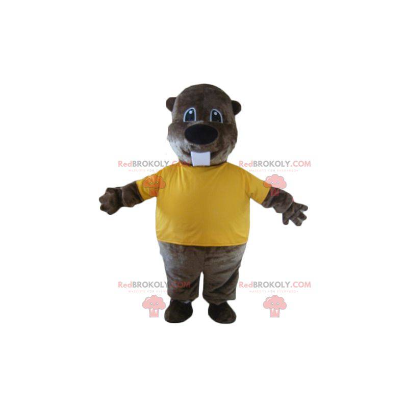 Mascotte de castor marron avec un t-shirt jaune - Redbrokoly.com