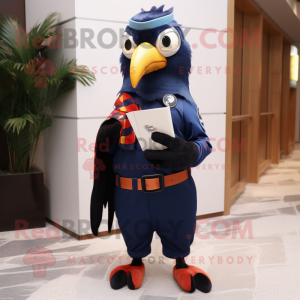 Navy Woodpecker mascot costume character dressed with a Rash Guard and Scarf clips