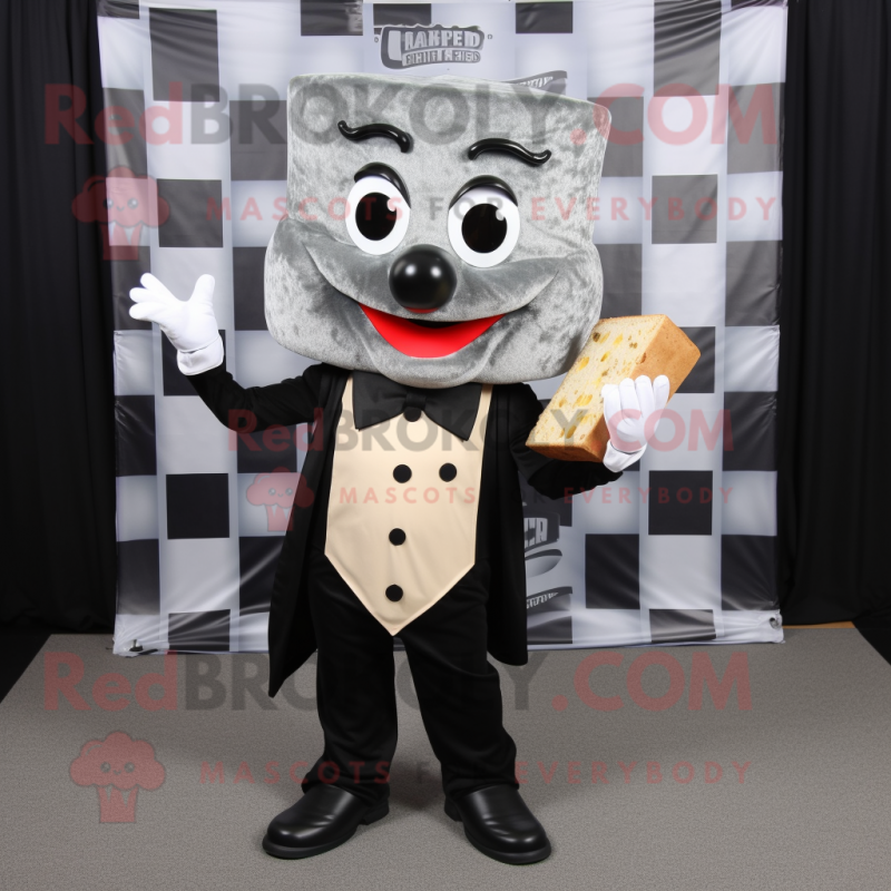 Silver Grilled Cheese Sandwich mascot costume character dressed with a Tuxedo and Cummerbunds Silver Grilled Cheese Sandwich mascot costume character dressed with a Tuxedo and Cummerbunds