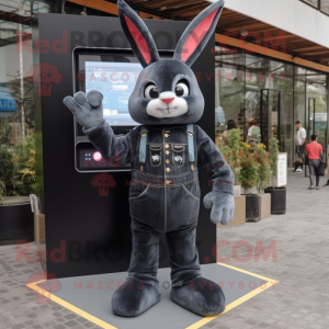 Black Rabbit mascot costume character dressed with a Bootcut Jeans and Digital watches