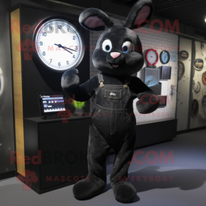 Black Rabbit mascot costume character dressed with a Bootcut Jeans and Digital watches