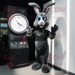 Black Rabbit mascot costume character dressed with a Bootcut Jeans and Digital watches