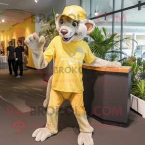 Lemon Yellow Thylacosmilus mascot costume character dressed with a Skinny Jeans and Caps