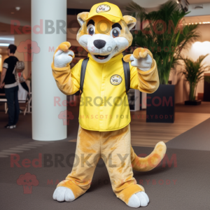 Lemon Yellow Thylacosmilus mascot costume character dressed with a Skinny Jeans and Caps