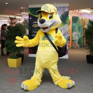 Lemon Yellow Thylacosmilus mascot costume character dressed with a Skinny Jeans and Caps