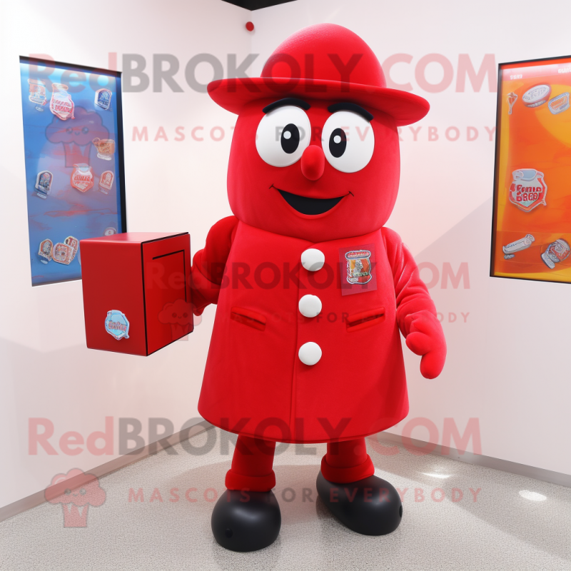 Red Candy Box mascot costume character dressed with a Coat and Cufflinks Red Candy Box mascot costume character dressed with a Coat and Cufflinks