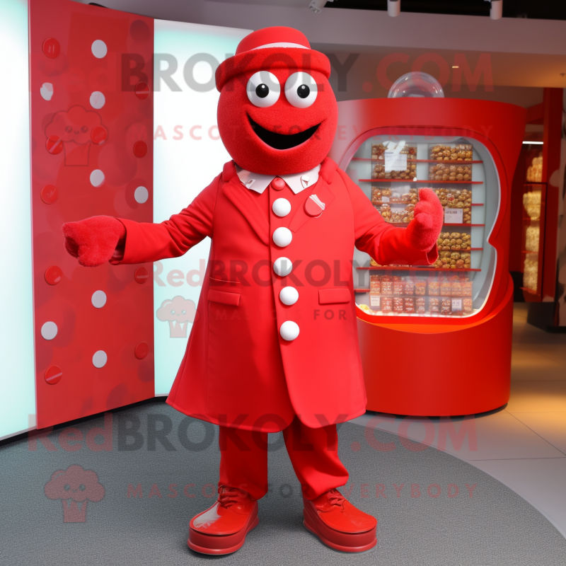 Red Candy Box mascot costume character dressed with a Coat and Cufflinks Red Candy Box mascot costume character dressed with a Coat and Cufflinks