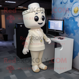 Cream Computer mascot costume character dressed with a Suit Jacket and Anklets
