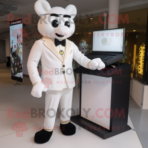 Cream Computer mascot costume character dressed with a Suit Jacket and Anklets
