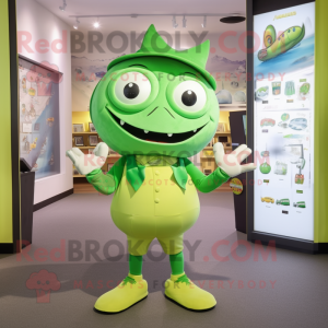 Lime Green Ray mascot costume character dressed with a Shorts and Suspenders