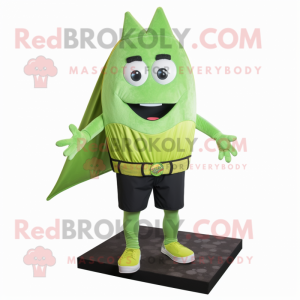 Lime Green Ray mascot costume character dressed with a Shorts and Suspenders