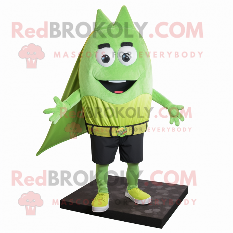Lime Green Ray mascot costume character dressed with a Shorts and Suspenders Lime Green Ray mascot costume character dressed with a Shorts and Suspenders