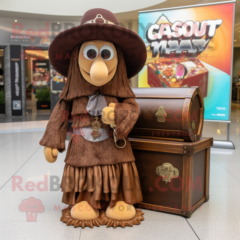 Brown Treasure Chest mascot costume character dressed with a Maxi Dress and Hat pins Brown Treasure Chest mascot costume character dressed with a Maxi Dress and Hat pins