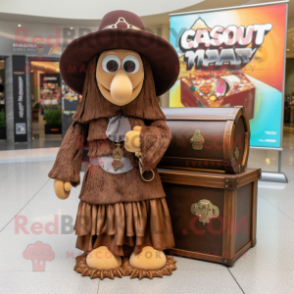 Brown Treasure Chest mascot costume character dressed with a Maxi Dress and Hat pins