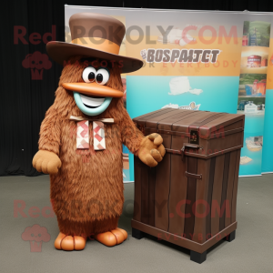 Brown Treasure Chest mascot costume character dressed with a Maxi Dress and Hat pins