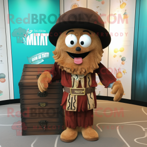 Brown Treasure Chest mascot costume character dressed with a Maxi Dress and Hat pins