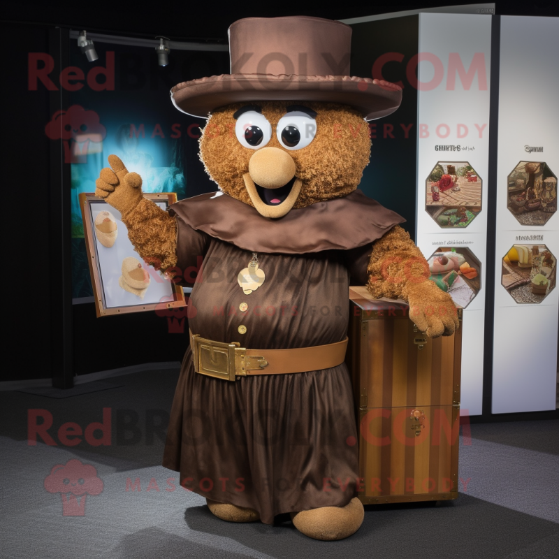 Brown Treasure Chest mascot costume character dressed with a Maxi Dress and Hat pins