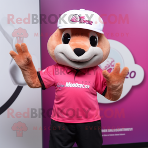 Pink Mongoose mascot costume character dressed with a Polo Tee and Beanies